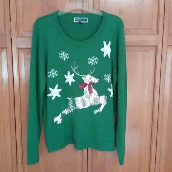 Christmas Silver Sequin Reindeer with Bow-Tie Green Crew Neck Pullover Sweater - Picture 1 of 7